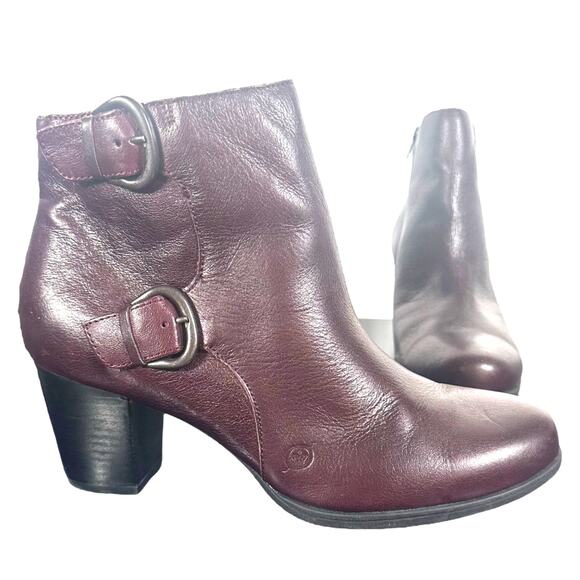 Born Burgundy Leather Ankle Boots Size 11 Double Buckle Block Heel Comfort - Picture 1 of 10